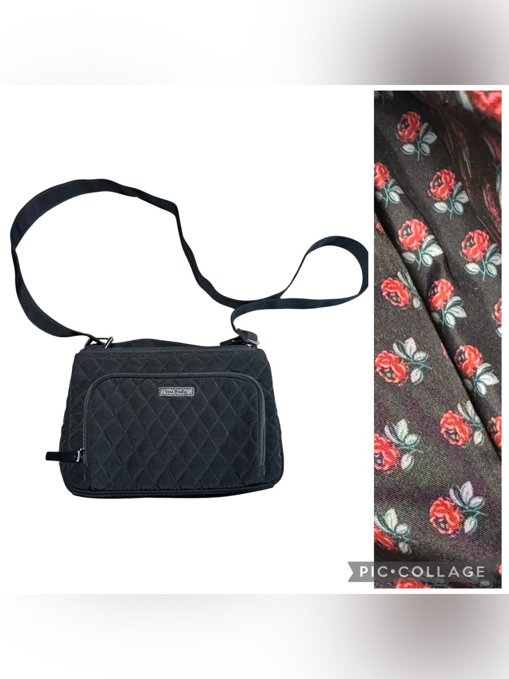 Vera Bradley Black Quilted Crossbody with Rose Print Lining
